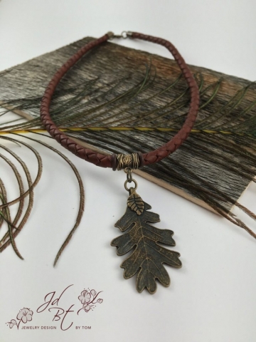 Brown Braided Leather necklace with Leaf