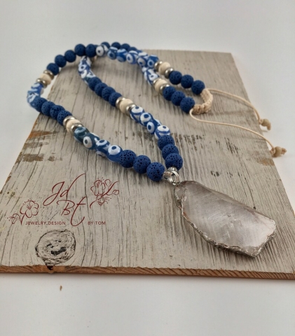 Crystal Quartz Shamballa Surfer necklace with Druzy and Blue Lava beads