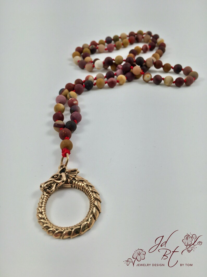 Hand Knotted Mookaite necklace with Dragon/Ouroboros/Serpent/Infinity Pendant