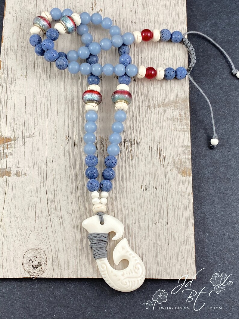 Maori Fish Hook Shamballa Surfer Necklace with Blue Sponge Coral and Angelite