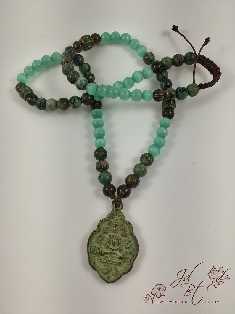 Thai Buddha Patina Shamballa Surfer Necklace, African Turquoise