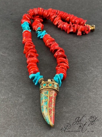 Tribal Inspired chunky coral + turquoise necklace