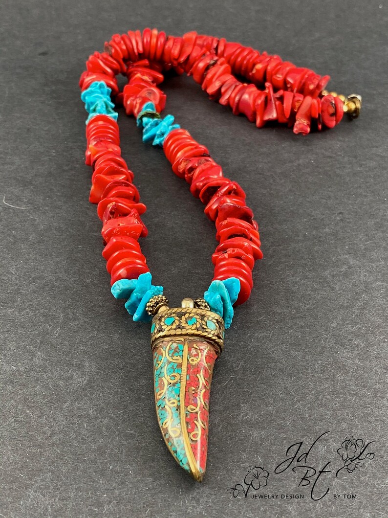 Tribal Inspired chunky coral + turquoise necklace