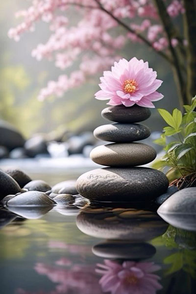 Peaceful garden with stones and cherry blossoms